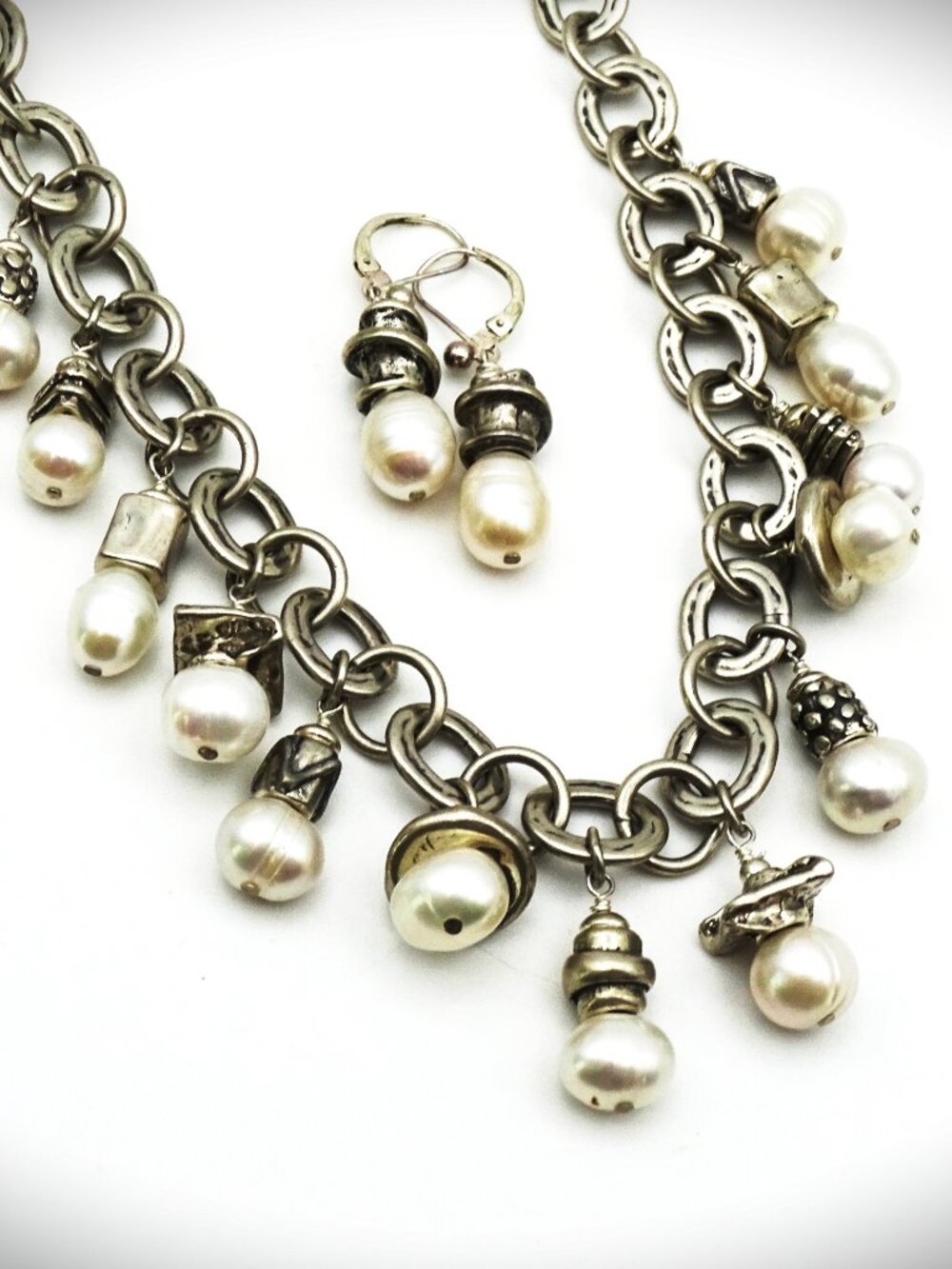 VINTAGE DESIGNER Sterling Silver White Pearl Charms Necklace & Earrings Set